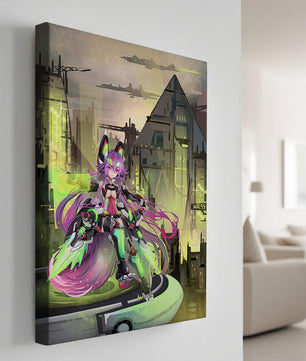 Cyberpunk-Anime-Figur im futuristischen Stadtbild 