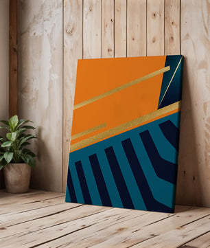 Moderne geometrische Abstraktion mit goldenen Elementen und kräftigen Farben 