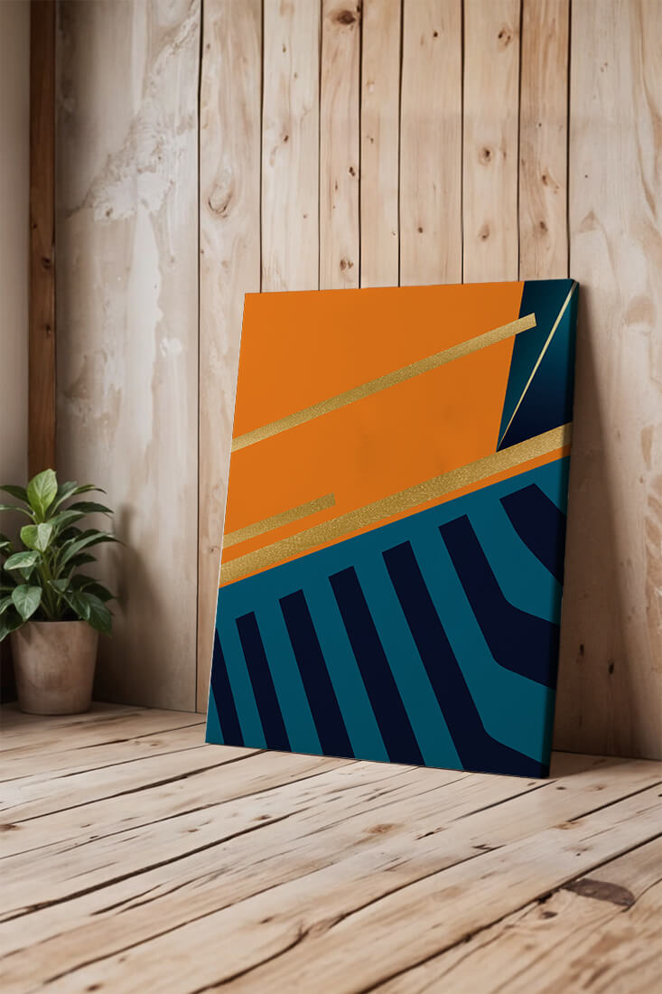 Moderne geometrische Abstraktion mit goldenen Elementen und kräftigen Farben 