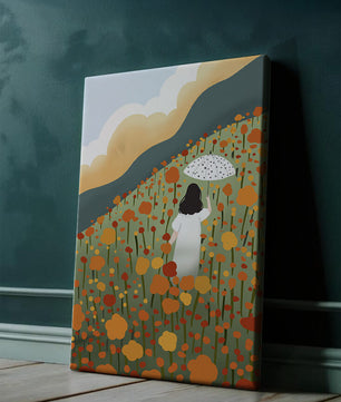 Woman with Umbrella in Blooming Field on a Sunny Day