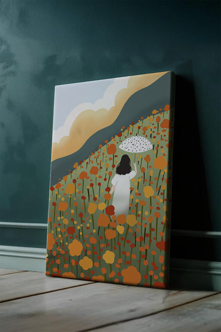 Woman with Umbrella in Blooming Field on a Sunny Day