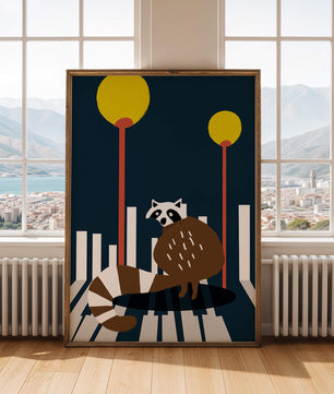 Raccoon Illustration with Urban Street Lamps and Geometric Design