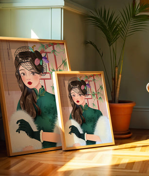 Elegant woman in vintage attire with netted hat and floral elements