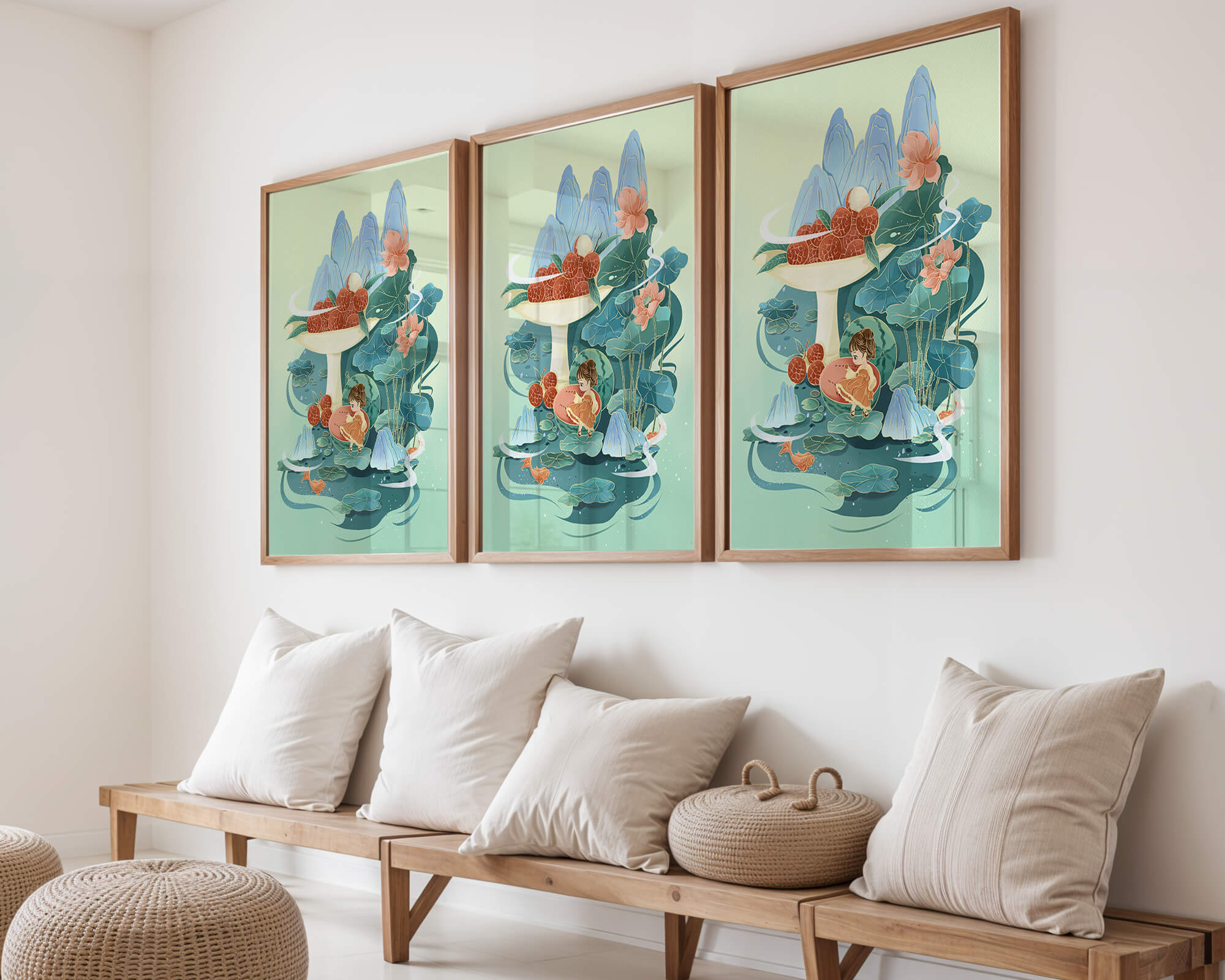 Whimsical illustration with girl, lychee, and lotus flowers
