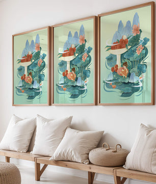 Whimsical illustration with girl, lychee, and lotus flowers