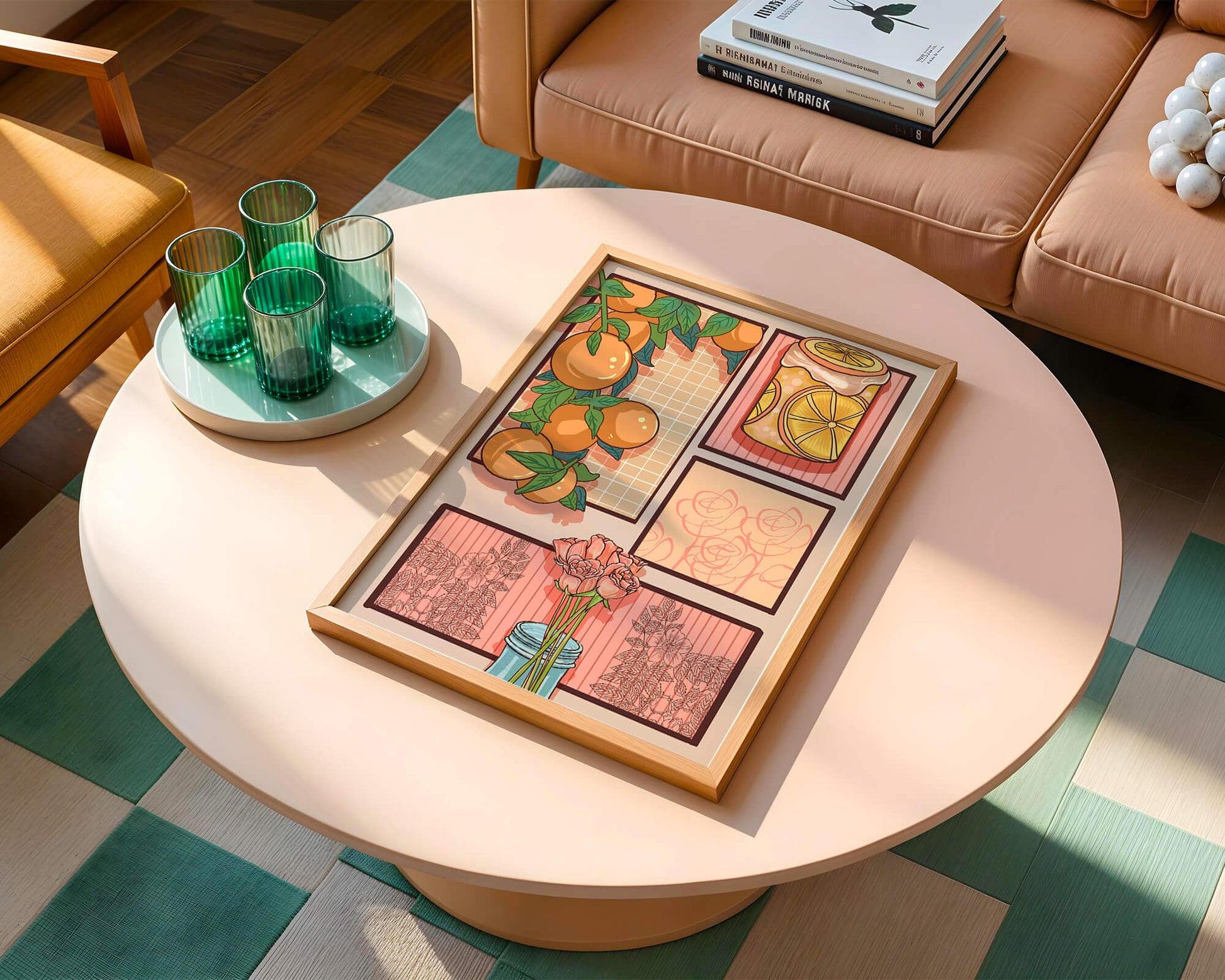 Composición artística con naranjas, frasco de rodajas de limón y rosas sobre fondo geométrico