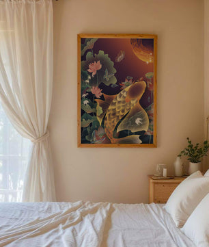 Bunte Koi-Fische mit Lotusblumen und Schmetterlingen bei Sonnenuntergang