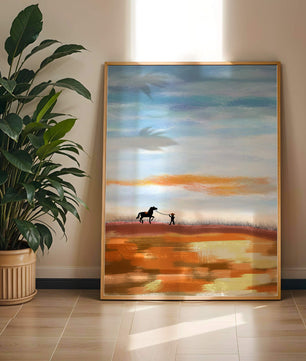 Serene landscape with cowboy and horse under vast sky