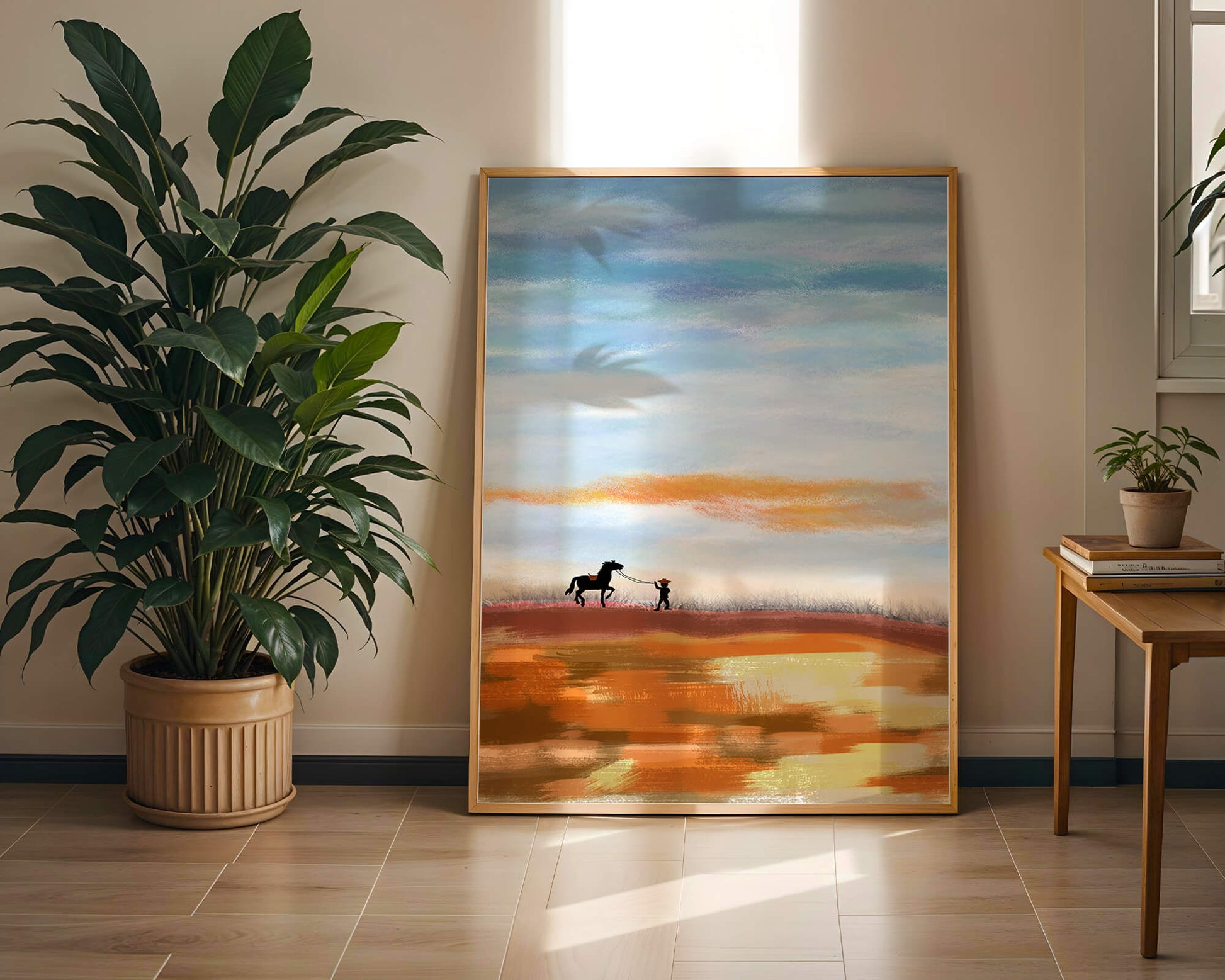Serene landscape with cowboy and horse under vast sky