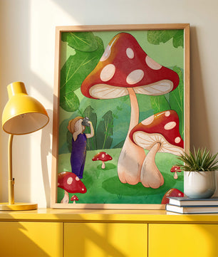 Playful illustration of a child with oversized mushrooms in a whimsical forest setting
