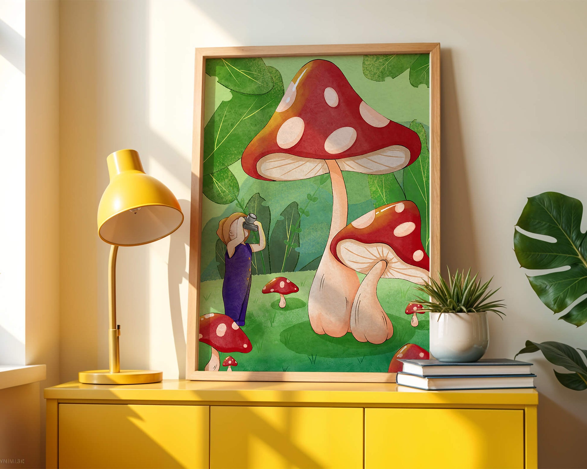 Playful illustration of a child with oversized mushrooms in a whimsical forest setting