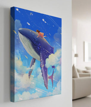 Illustration onirique d'une fille chevauchant une baleine à travers le ciel