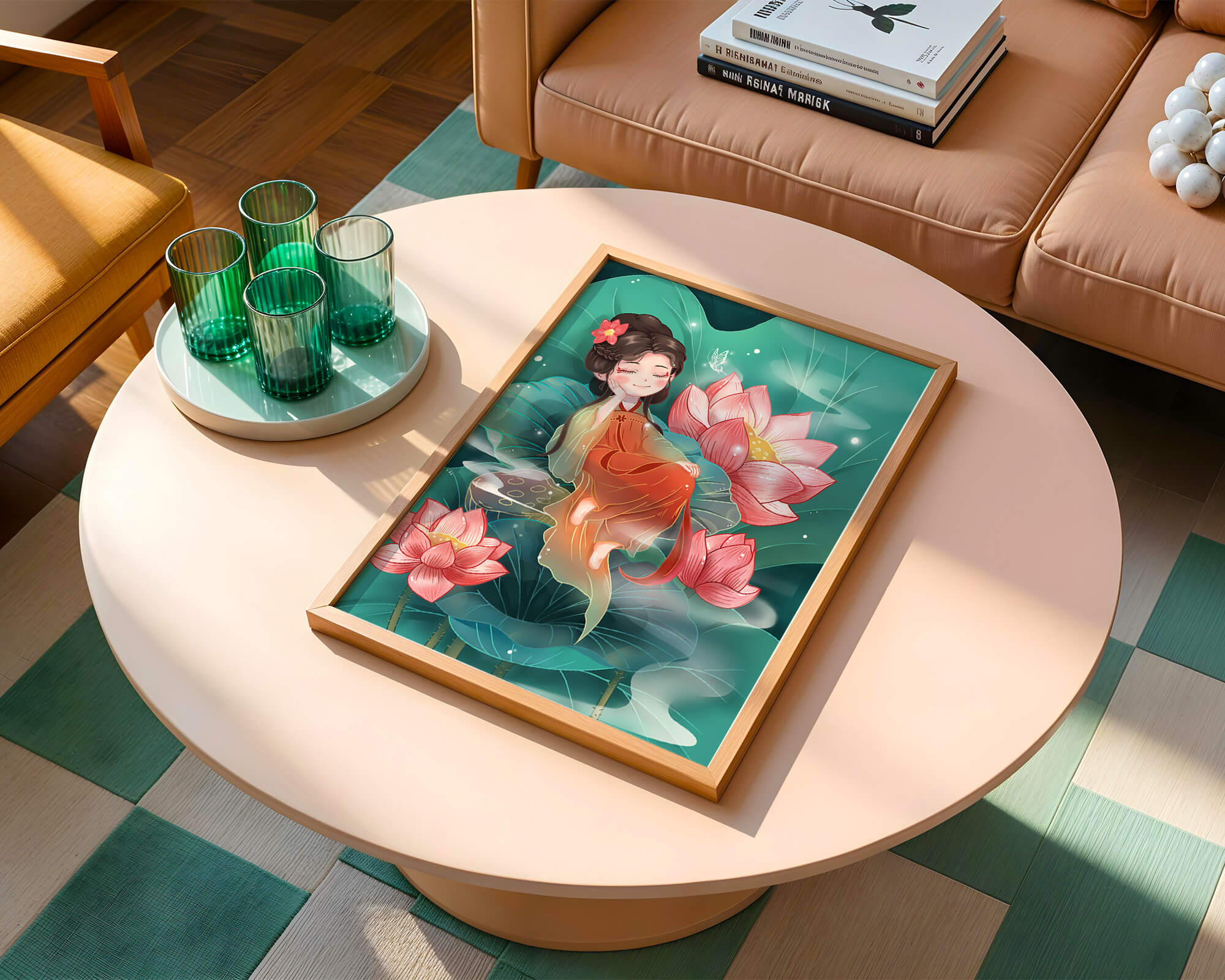 Charming illustration of a girl resting amidst lotus flowers