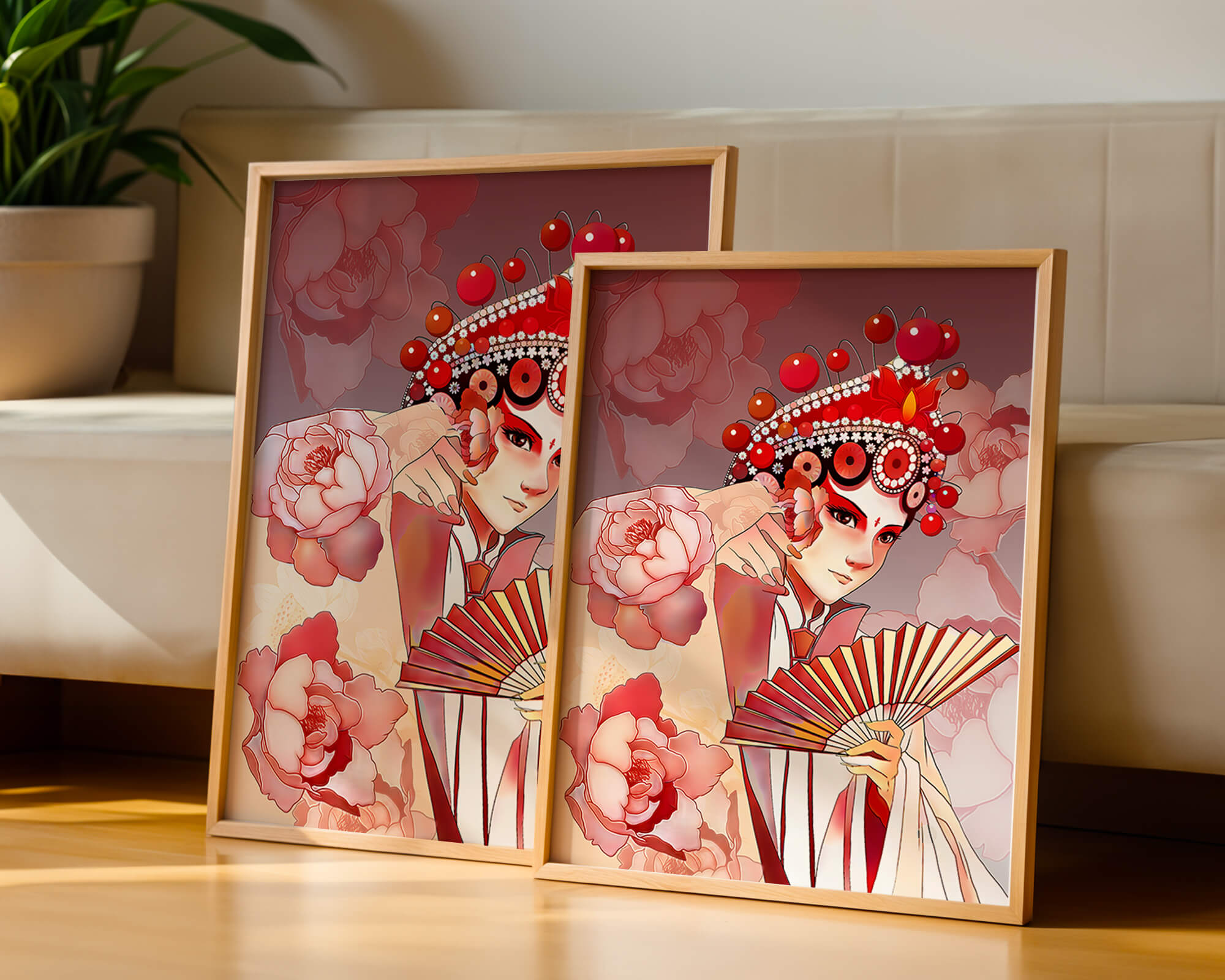 Traditional Asian artwork with floral motifs and ornate headpiece