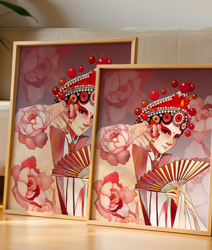 Traditional Asian artwork with floral motifs and ornate headpiece