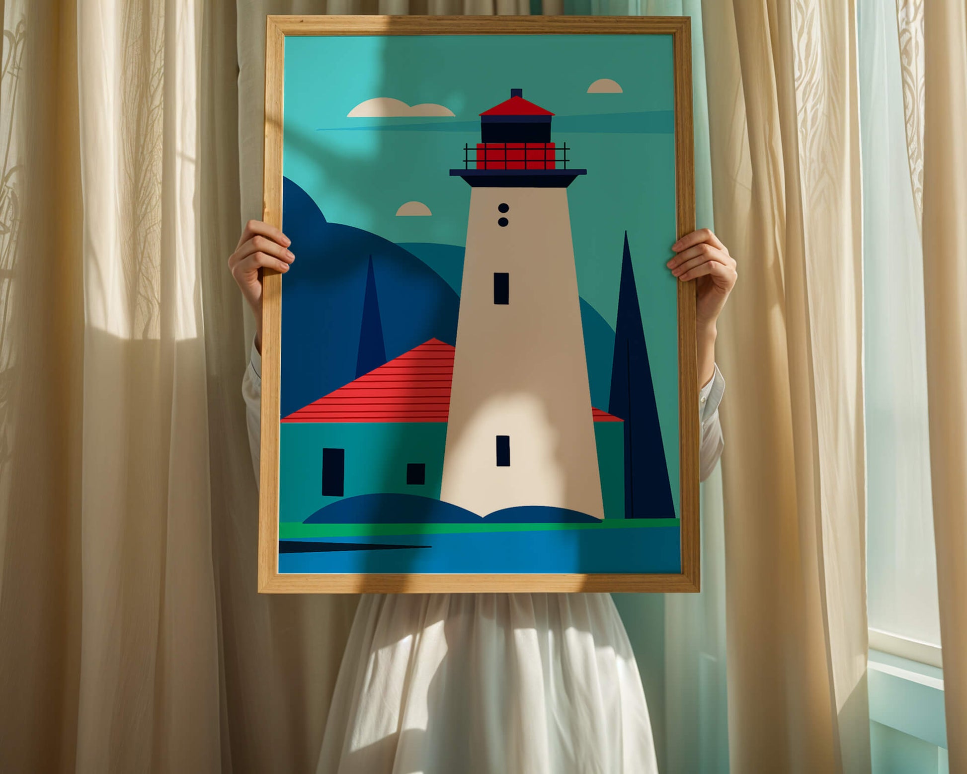 Modern illustration of a lighthouse with vibrant colors