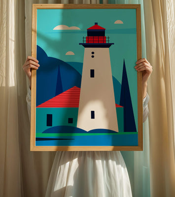 Modern illustration of a lighthouse with vibrant colors