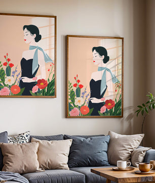 Elegant Woman with Floral Background and Scarf