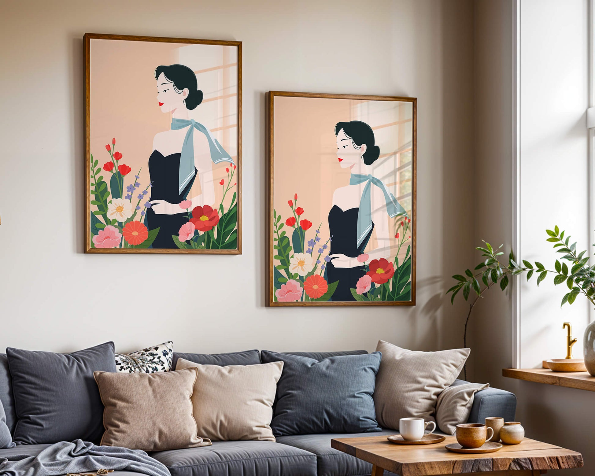 Mujer elegante con fondo floral y bufanda