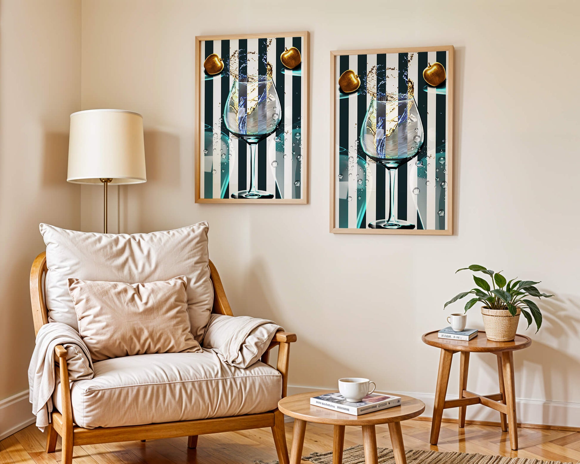 Elegant Glass of Champagne with Golden Apples and Striped Background