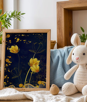 Elegant floral artwork with golden accents on deep blue background