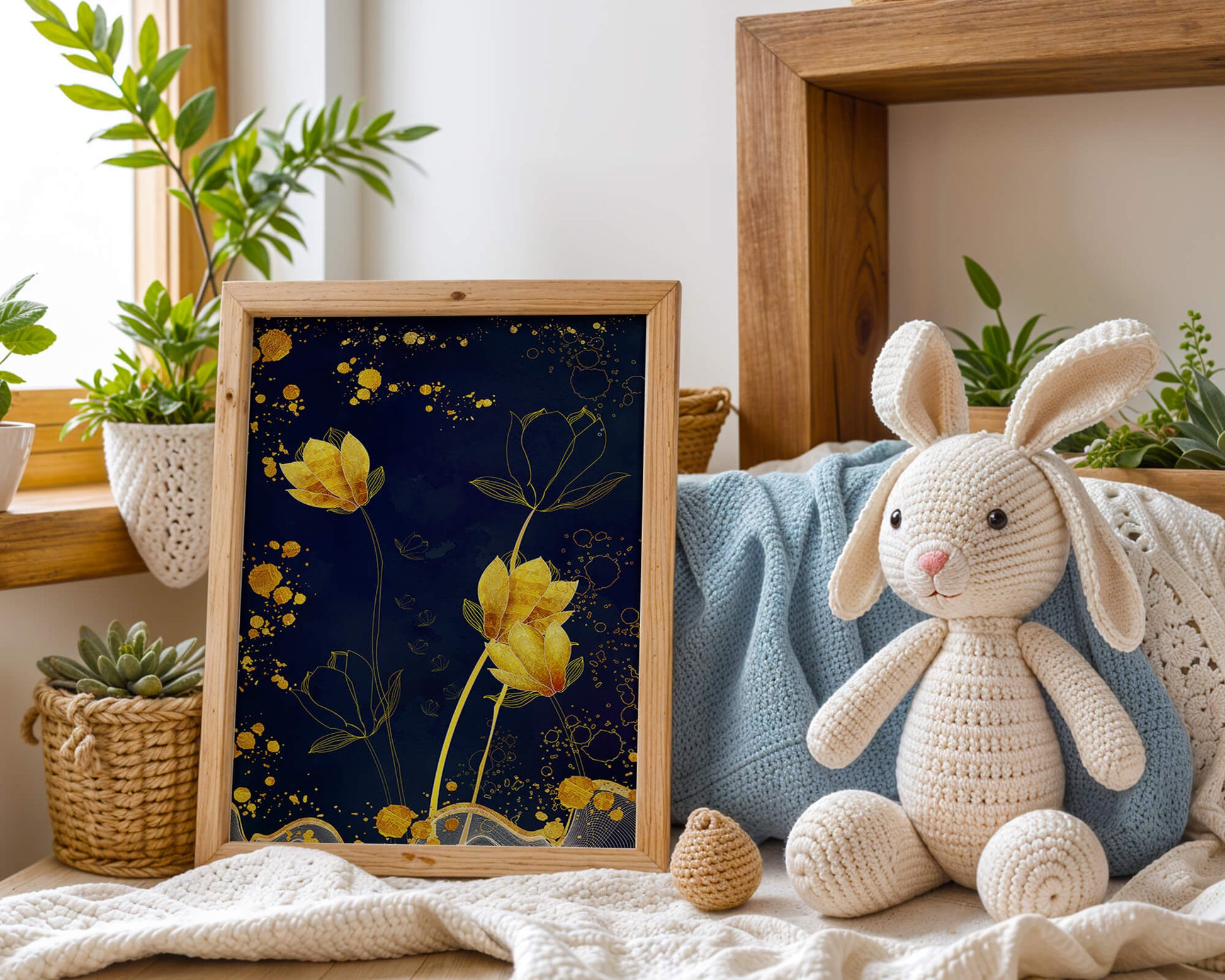 Elegant floral artwork with golden accents on deep blue background