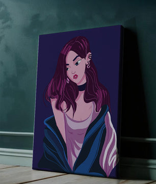 Illustration d'une fille élégante aux cheveux violets et à la veste bleue