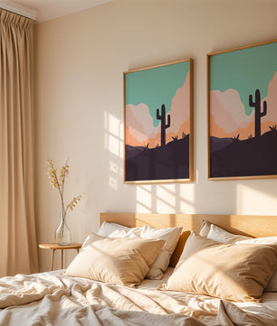 Abstract desert landscape with cactus silhouette at sunset