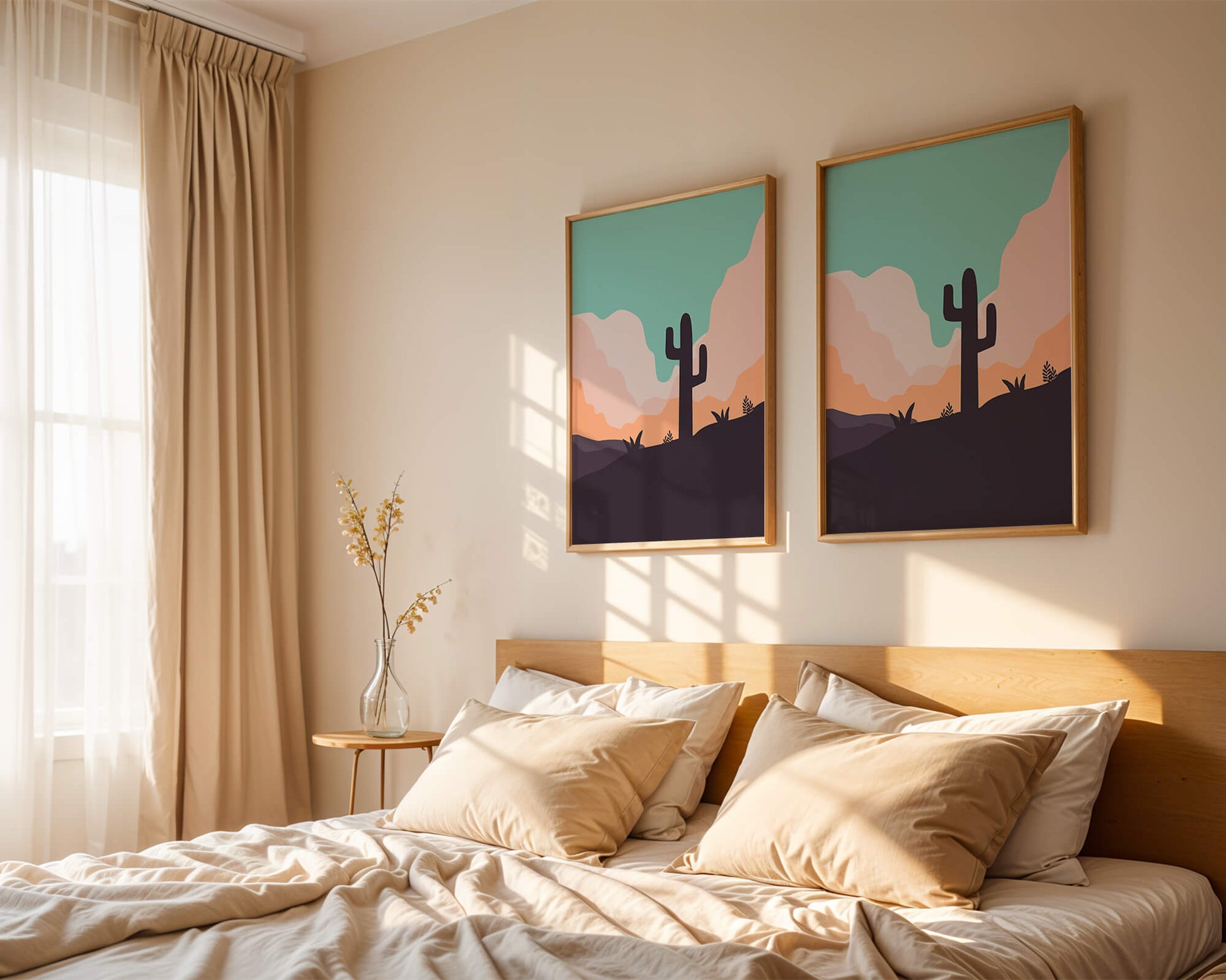 Abstract desert landscape with cactus silhouette at sunset