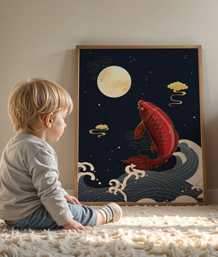 Ilustración artística de peces koi saltando sobre las olas bajo la luz de la luna