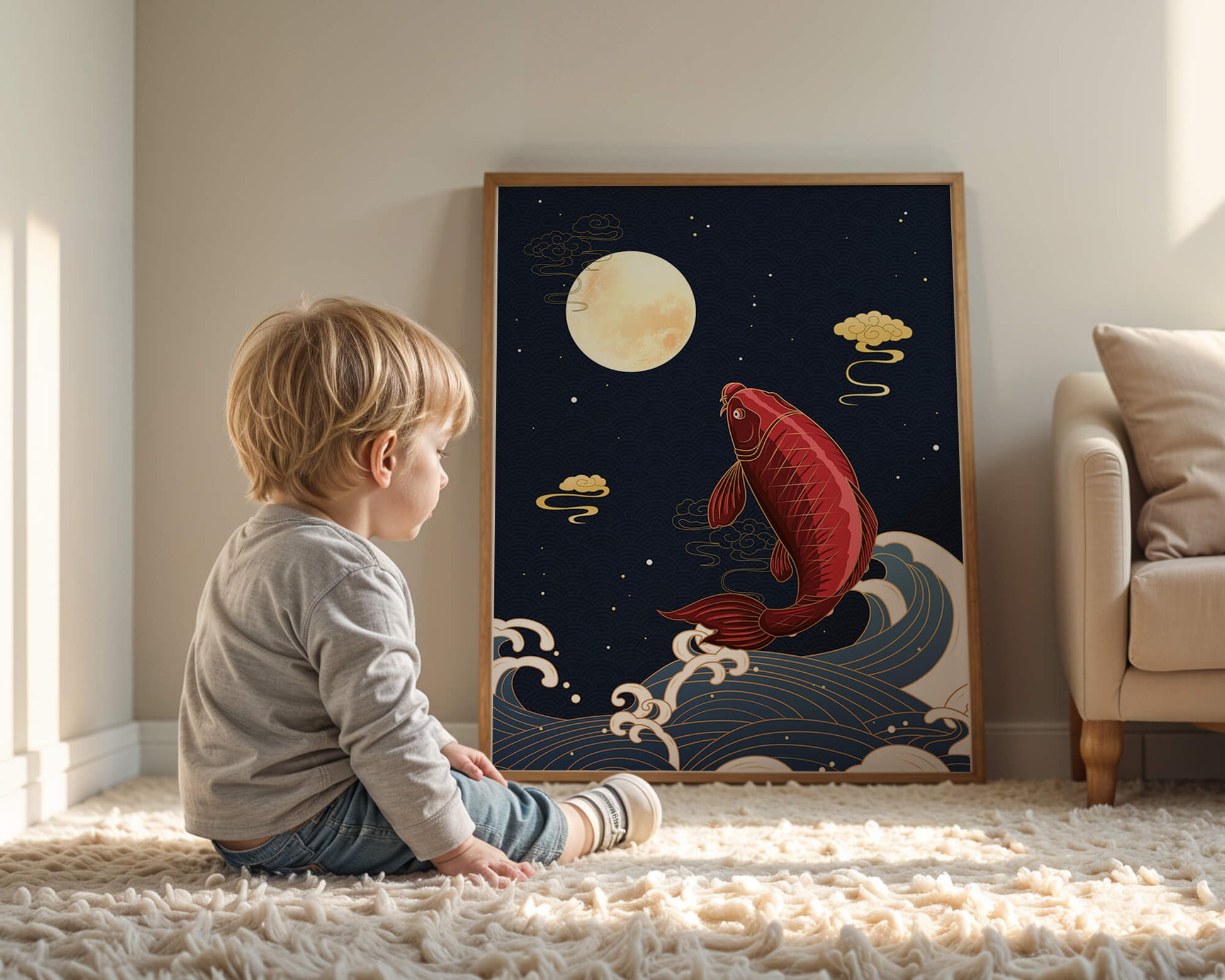 Artistic illustration of koi fish jumping over waves under moonlight