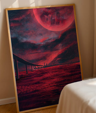 Surreal Scarlet Landscape with Bridge and Celestial Body