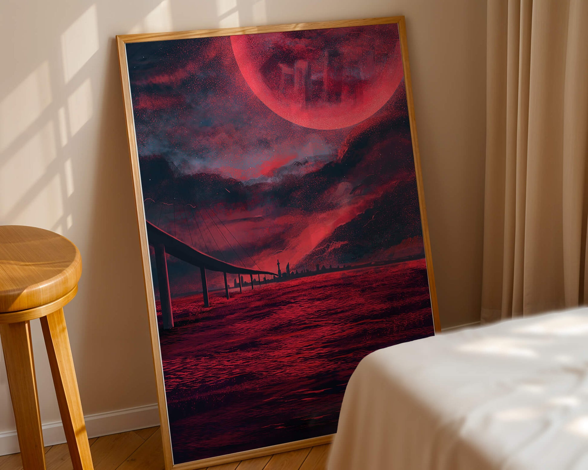 Surreal Scarlet Landscape with Bridge and Celestial Body