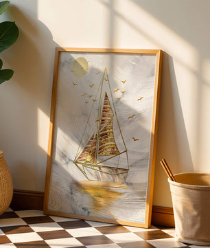 Elegant sailboat with gold elements against a textured sky