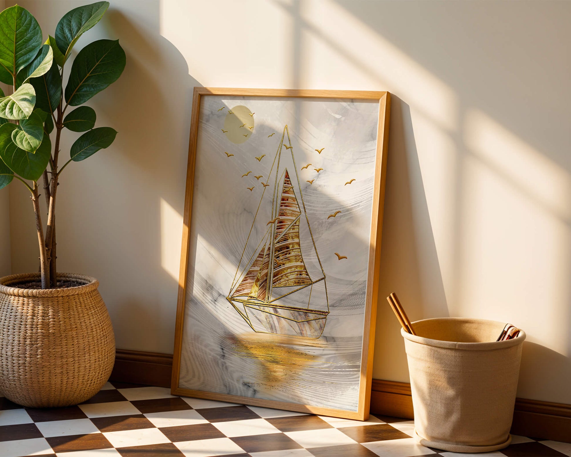 Elegant sailboat with gold elements against a textured sky