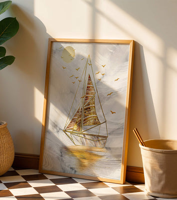 Elegant sailboat with gold elements against a textured sky
