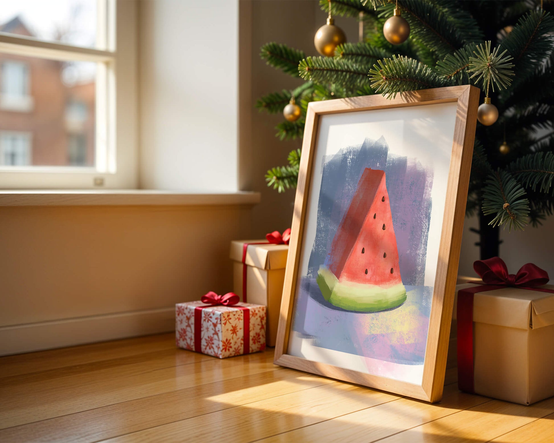 Watercolor illustration of a watermelon slice with abstract background