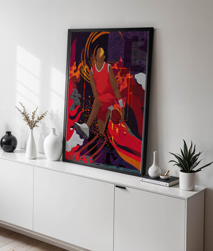 Ilustración dinámica de un jugador de baloncesto en movimiento con patrones abstractos