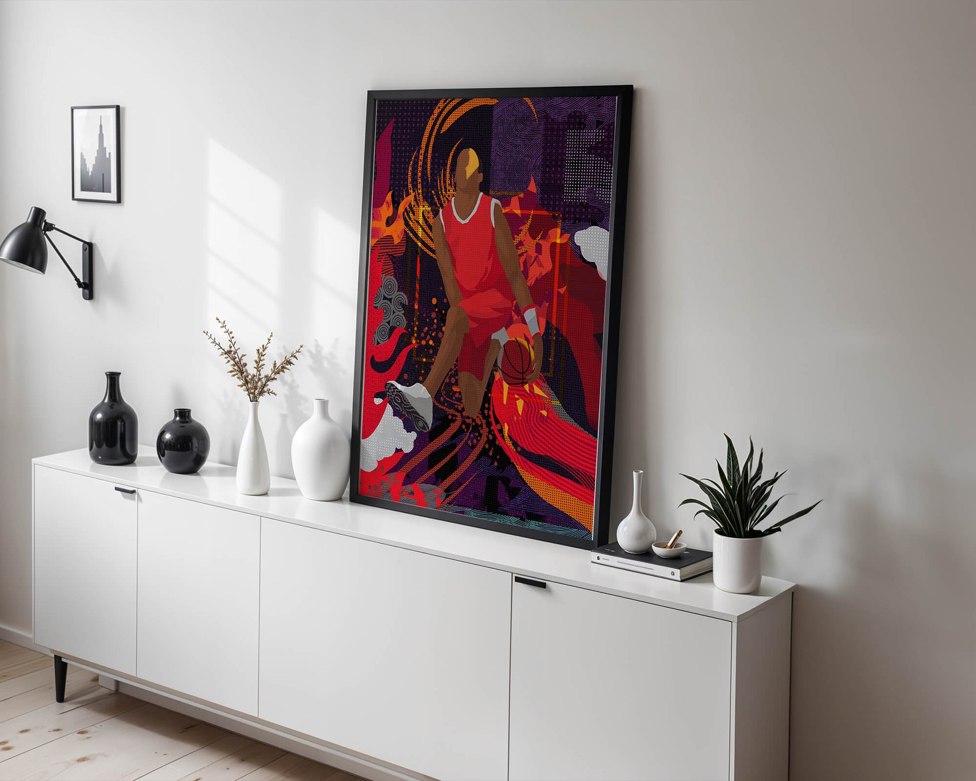 Dynamic illustration of a basketball player in motion with abstract patterns