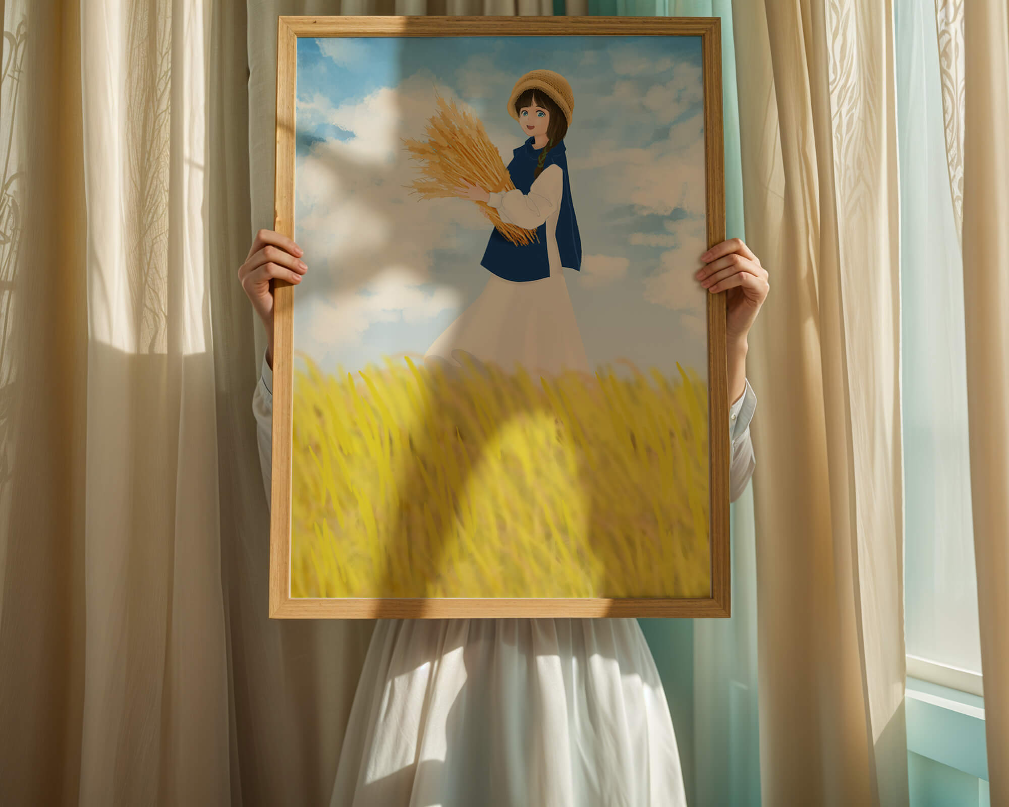 Young girl in a wheat field on a sunny day illustration