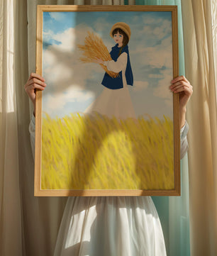 Young girl in a wheat field on a sunny day illustration