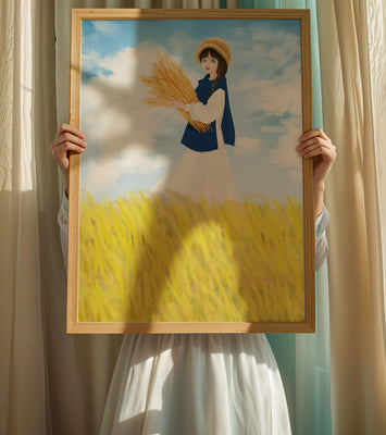 Young girl in a wheat field on a sunny day illustration