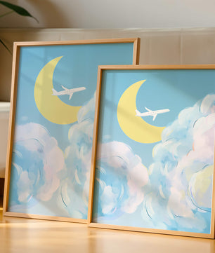 Ilustración de cielo panorámico con avión y luna creciente