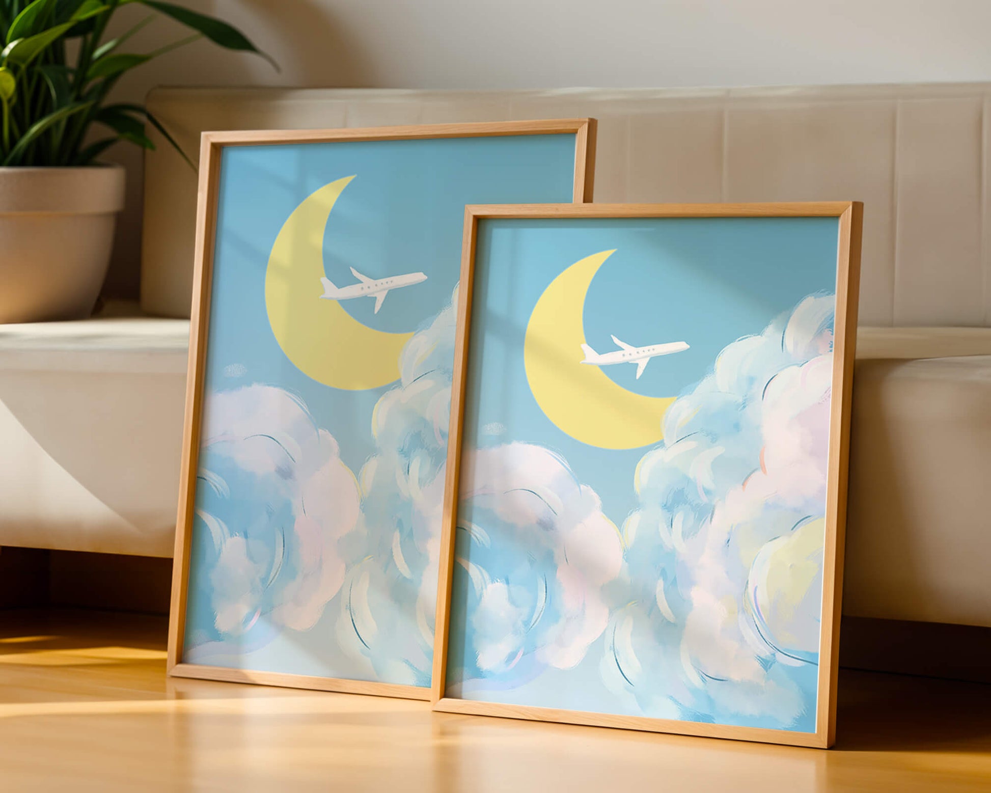 Scenic sky illustration with airplane and crescent moon