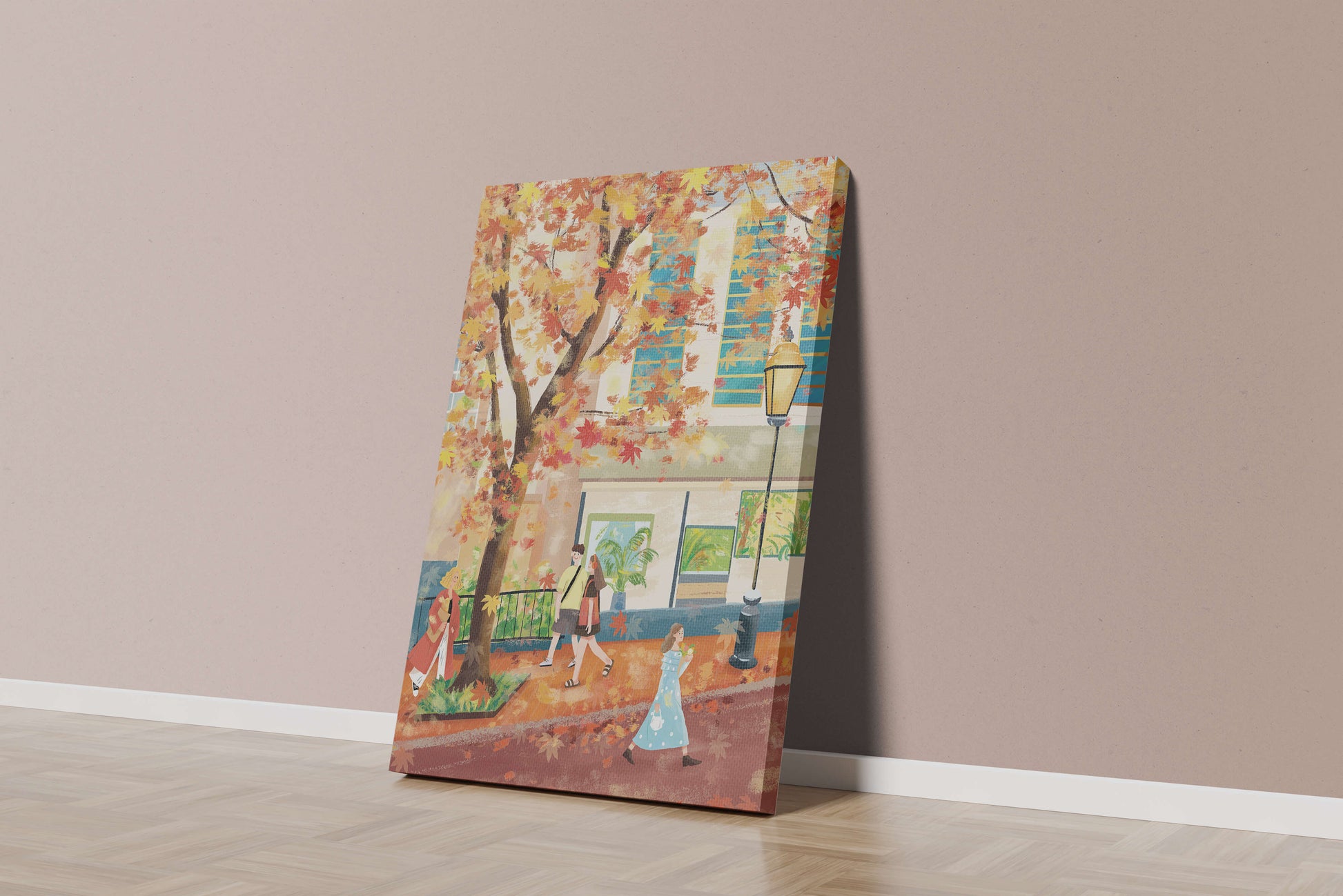 Calle de la ciudad en otoño con hojas coloridas y personas caminando