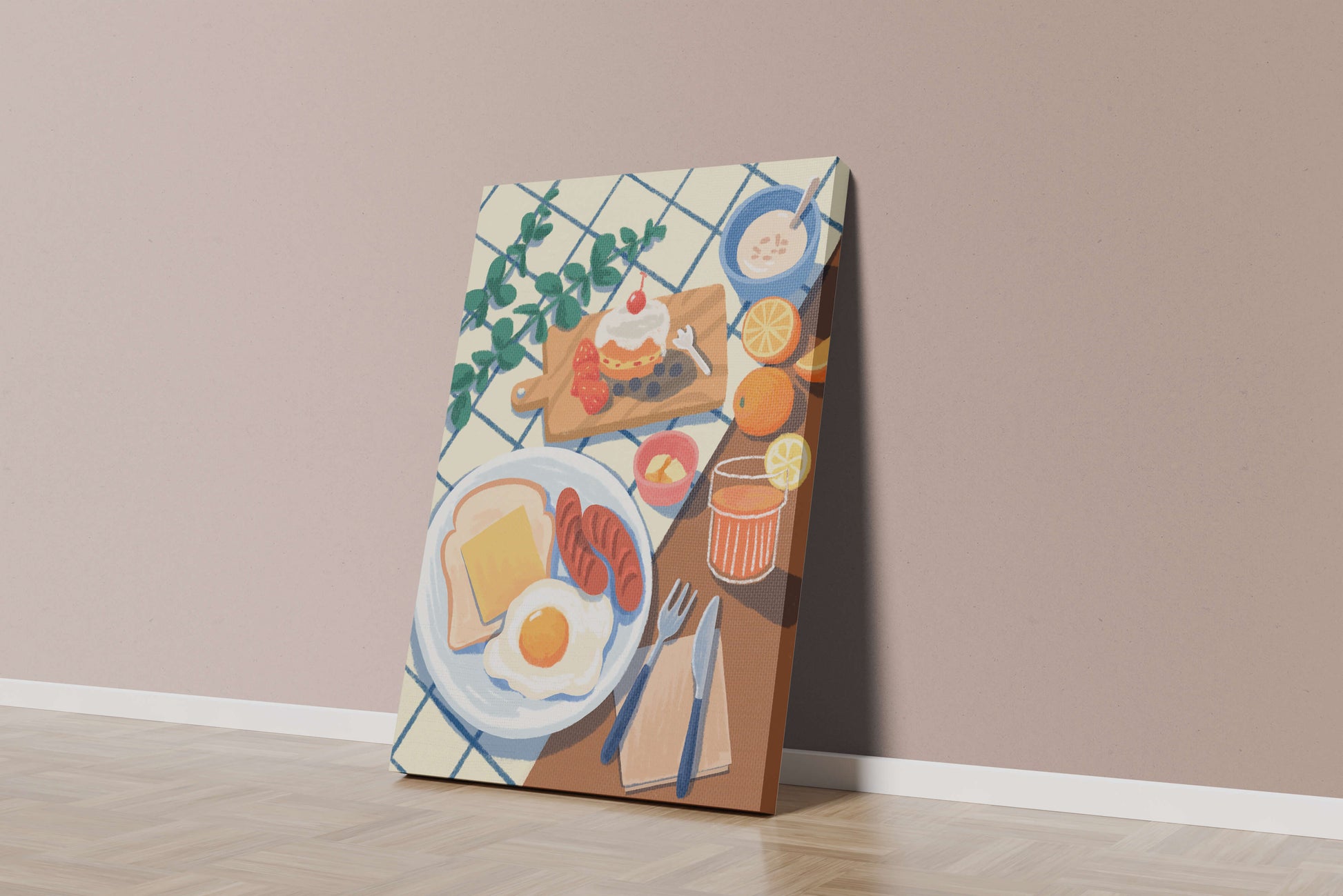 Escena de desayuno colorida con comida y bebida