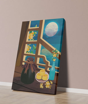Noche iluminada por la luna con pasteles de luna y decoración floral sobre una mesa de madera