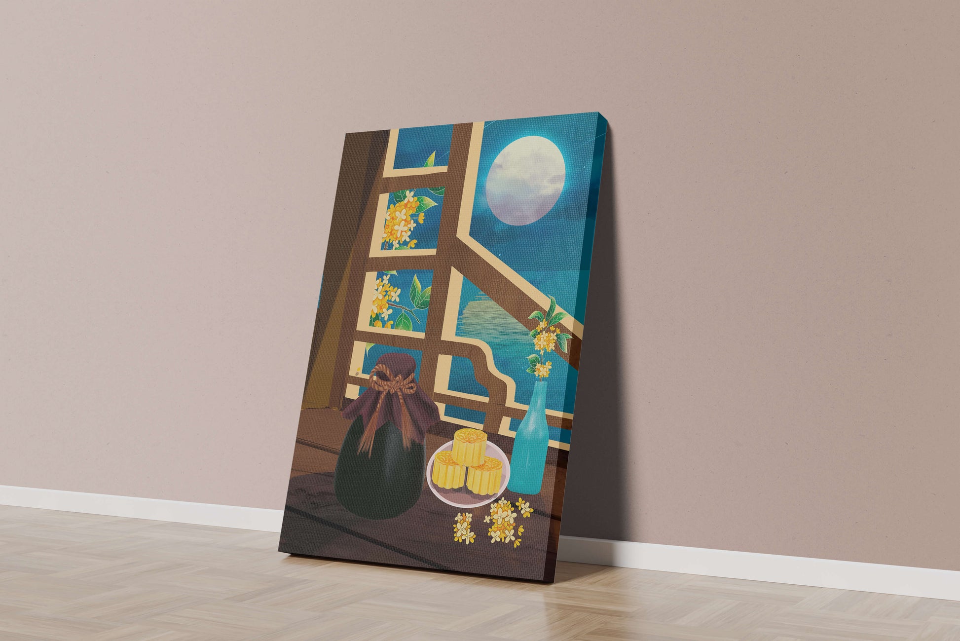 Noche iluminada por la luna con pasteles de luna y decoración floral sobre una mesa de madera