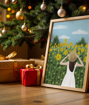 Mujer con vestido blanco admirando un campo de girasoles