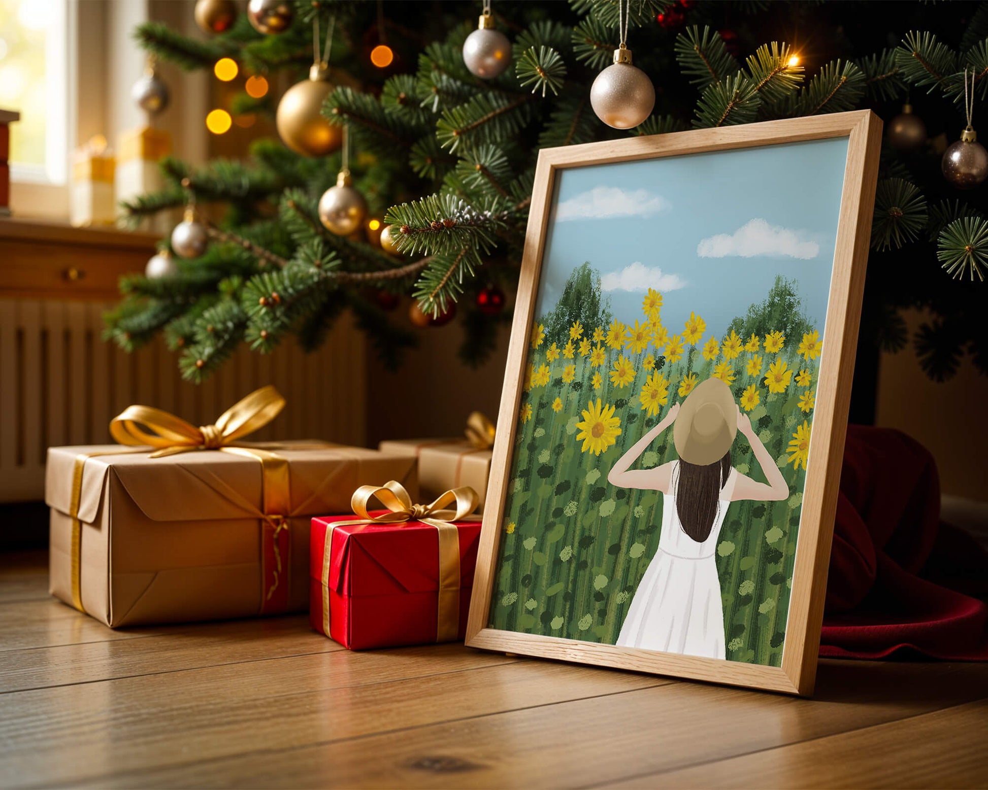 Mujer con vestido blanco admirando un campo de girasoles